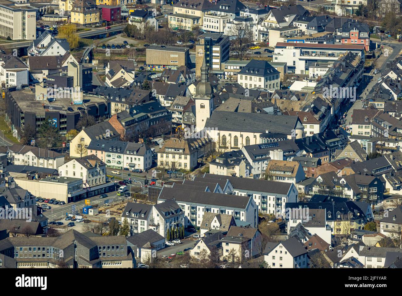 Aerial view, city view downtown and catholic parish church St. Walburga, Meschede town, Meschede, Sauerland, North Rhine-Westphalia, Germany, City, DE Stock Photo