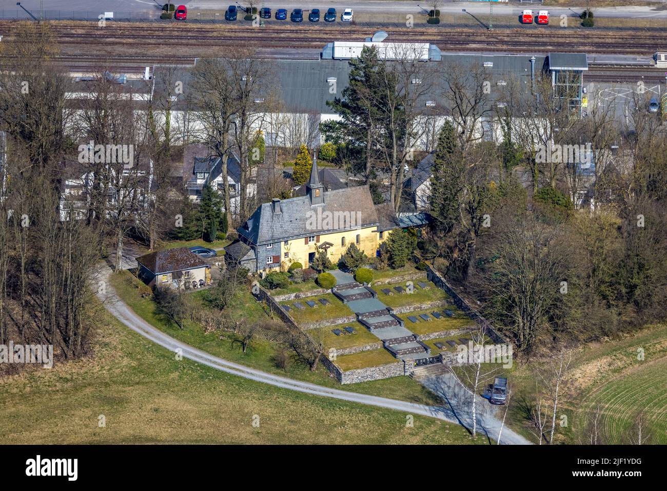 Aerial view, Michaelskapelle or Klausen chapel, Meschede town, Meschede, Sauerland, North Rhine-Westphalia, Germany, place of worship, DE, Europe, pla Stock Photo