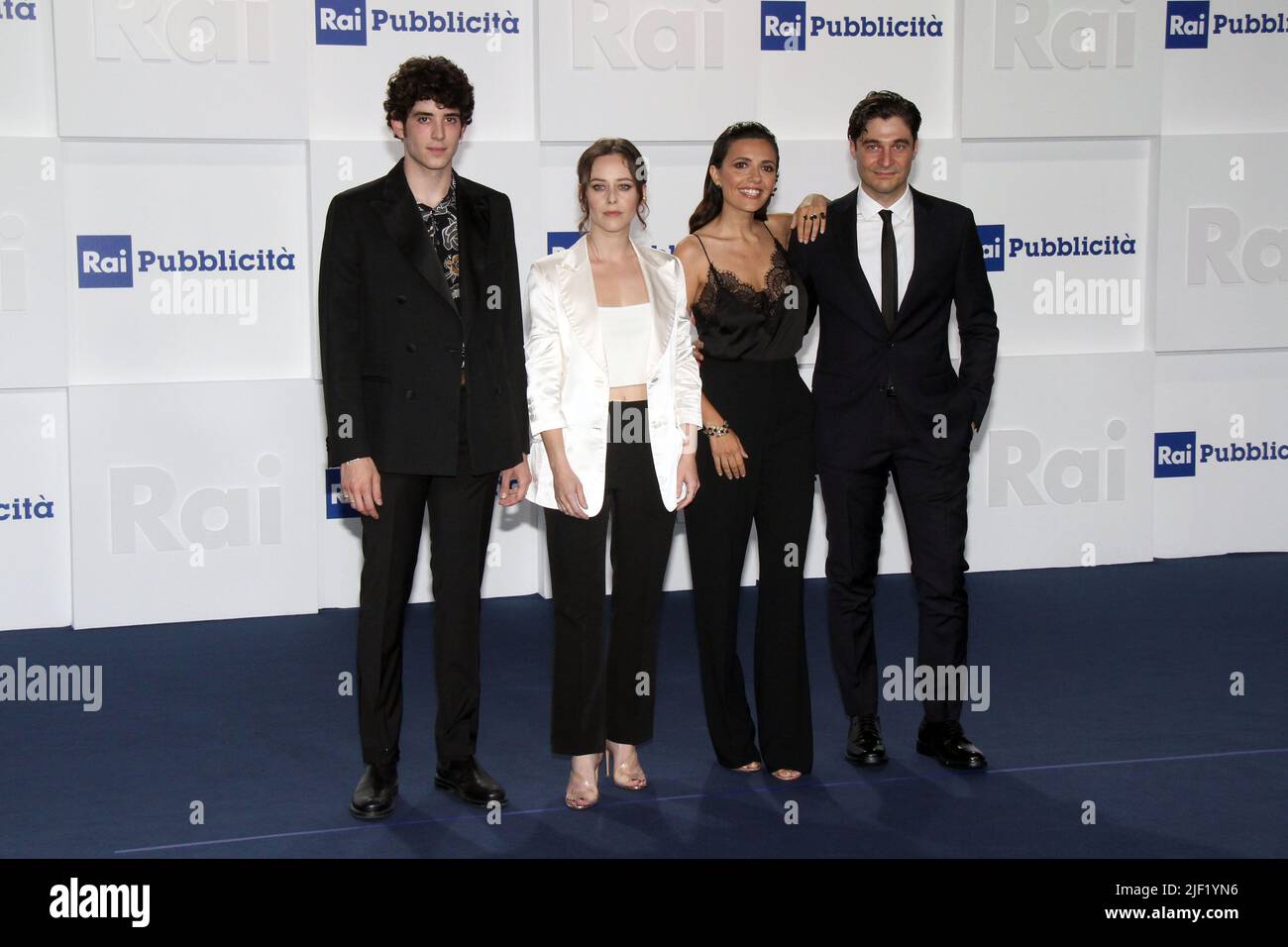 Milan, Italy. 28th June, 2022. Milan, Rai Schedule presentation. In the photo: Nicolas Maupas, Camilla Semino Favro, Serena Rossi and Lino Guanciale Credit: Independent Photo Agency/Alamy Live News Stock Photo