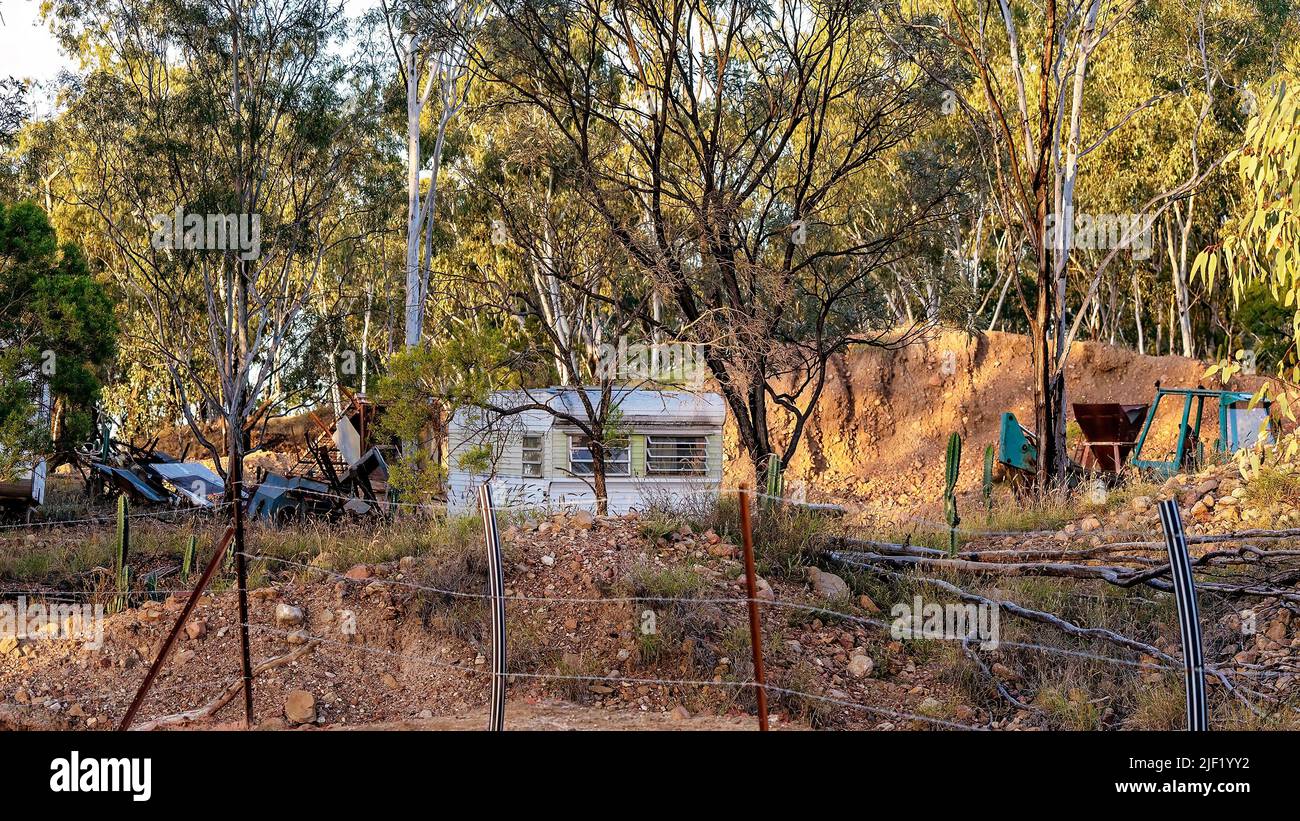 An old caravan used as a home on a mining lease at The Willows diggings