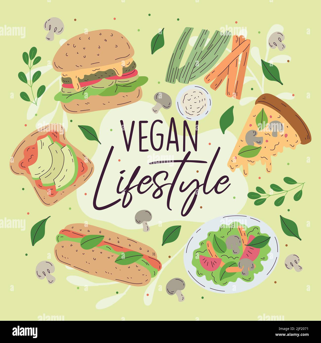 Vegan fast food products Meatless food Vegan lifestyle Vector Stock