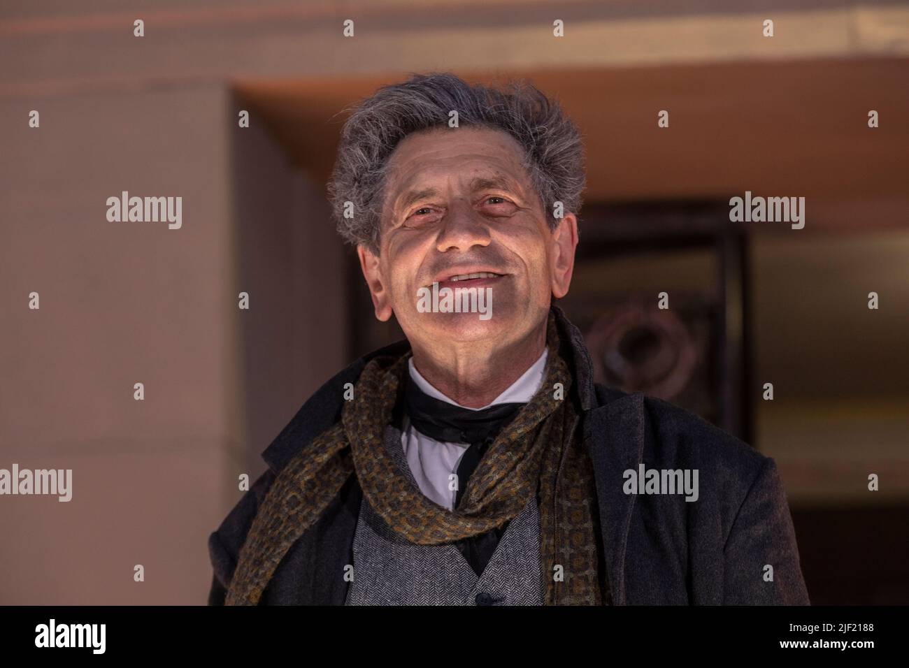 Moscow, Russia. 28th of June, 2022. Actor Yevgeny Knyazev performs at a ceremony in Arbat Street marking the end of the 101st season at Vakhtangov Theatre and the theatre's centenary on Arbat street in central Moscow, Russia. He is a director of the Boris Shchukin Theatre Institute of Moscow. Stock Photo