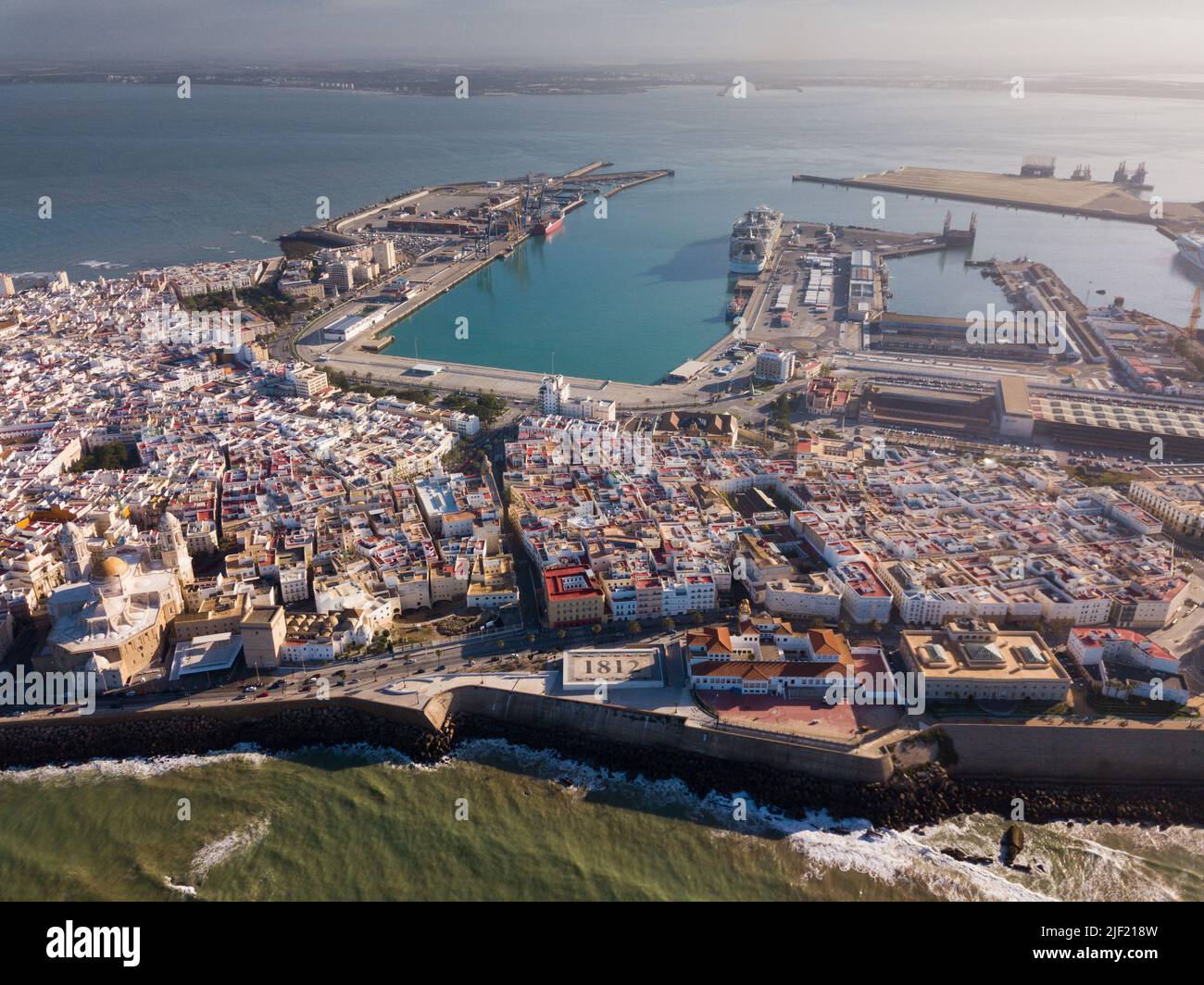 Aerial view from drone of town Cadiz with buildings and port Stock ...