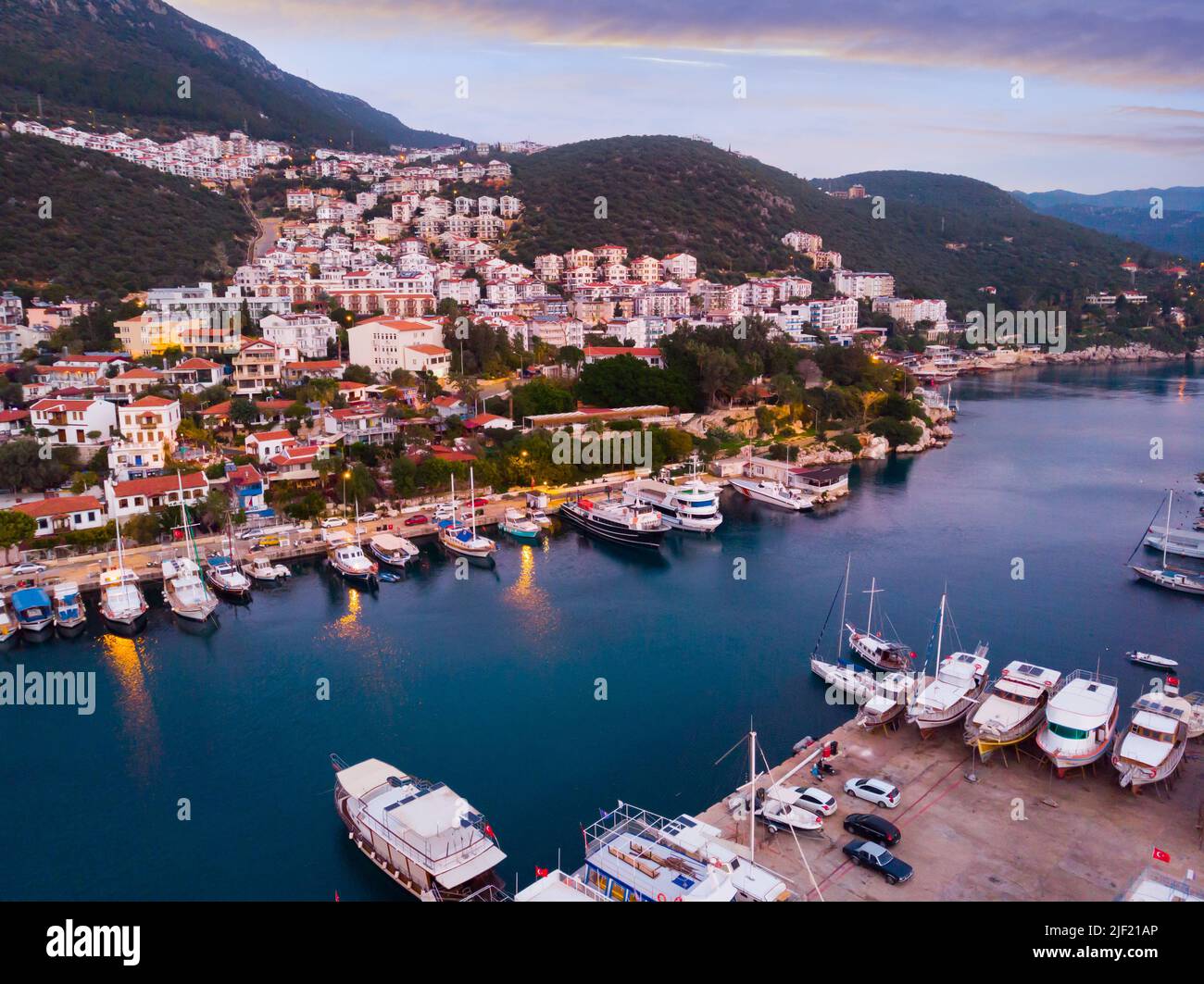 Aerial view of coastal area and marina of Kas during sundown, Turkey Stock Photo