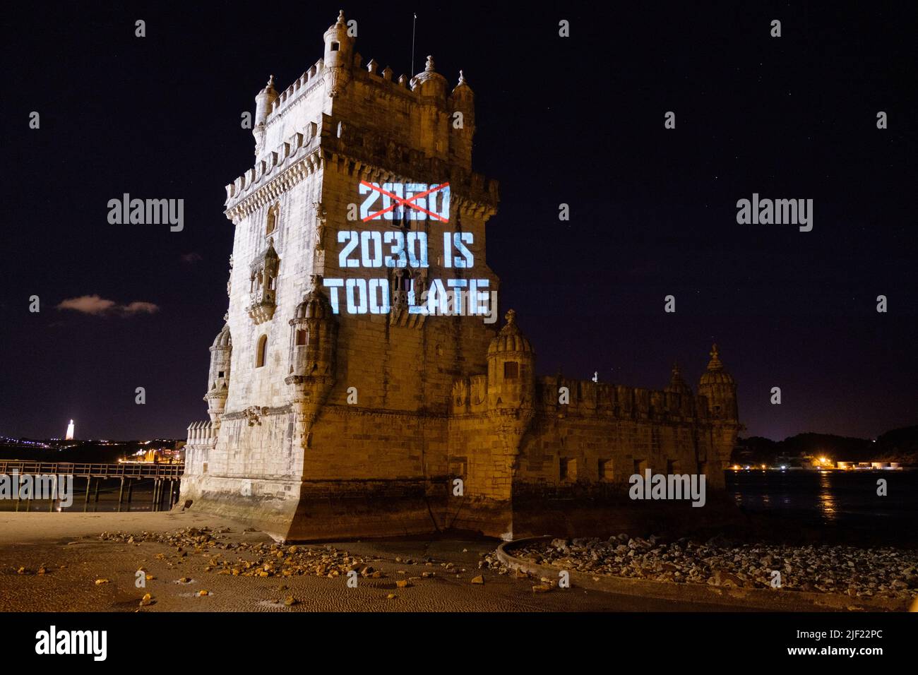Lisbon, Portugal. 28th JUN 2022.  Ocean Rebellion project multiple messages in Torre de Belem during the United Nations Ocean conference in Lisbon.  Credit: Joao Daniel Pereira Stock Photo