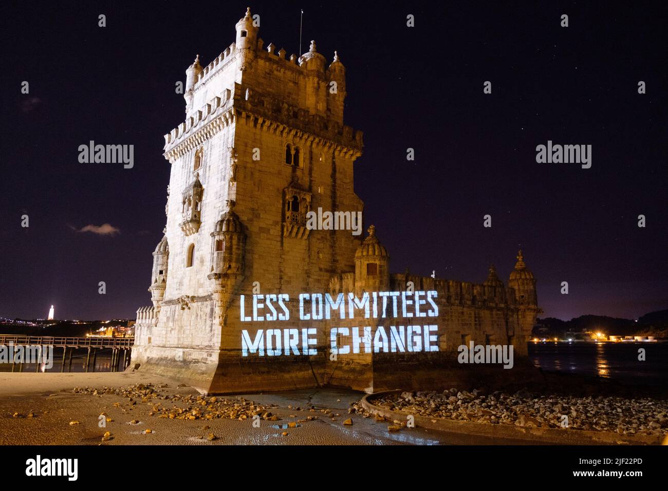 Lisbon, Portugal. 28th JUN 2022.  Ocean Rebellion project multiple messages in Torre de Belem during the United Nations Ocean conference in Lisbon.  Credit: Joao Daniel Pereira Stock Photo