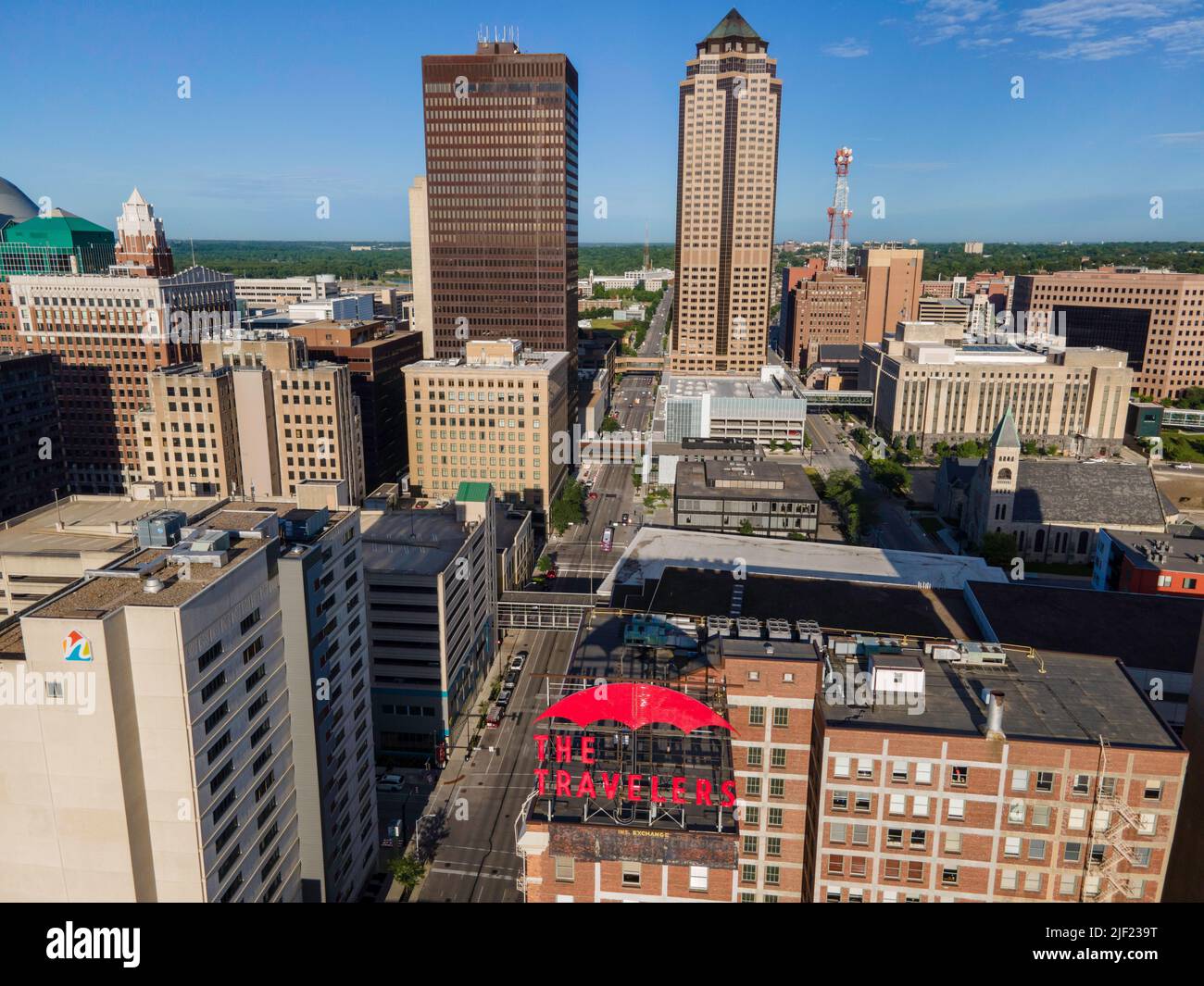 Aerial photograph of Des Moines, Iowa, USA, on a beautiful summer morning. Stock Photo