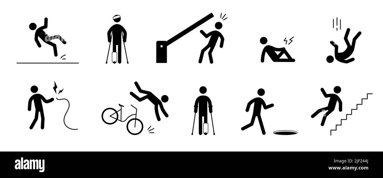 Accident pictogram man icon. Bike falling, injury leg, gate danger pictogram sign set. Warning, danger icon stick man vector illustration. Stock Vector