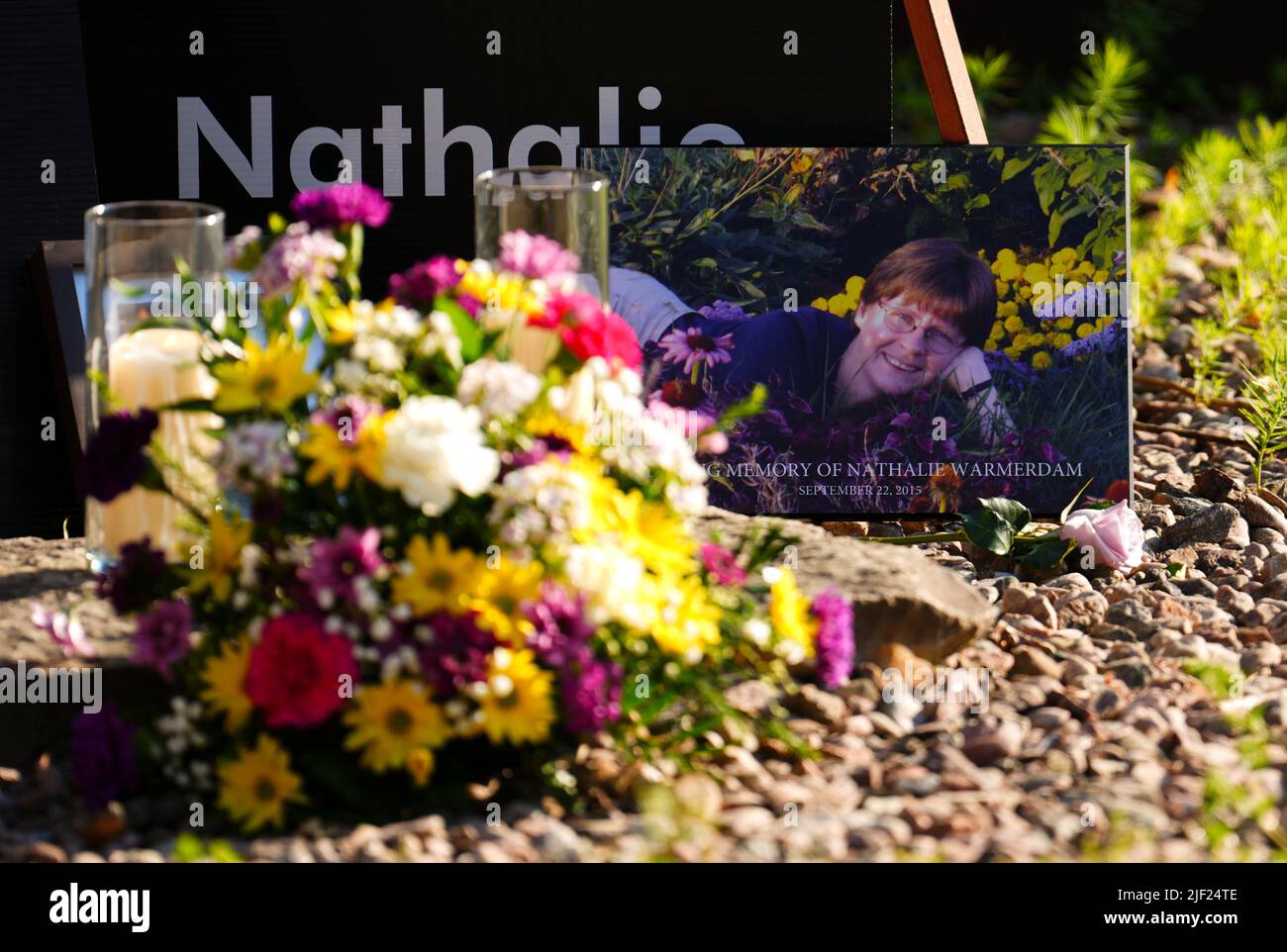 A pictures of murder victim Nathalie Warmerdam, is displayed during a