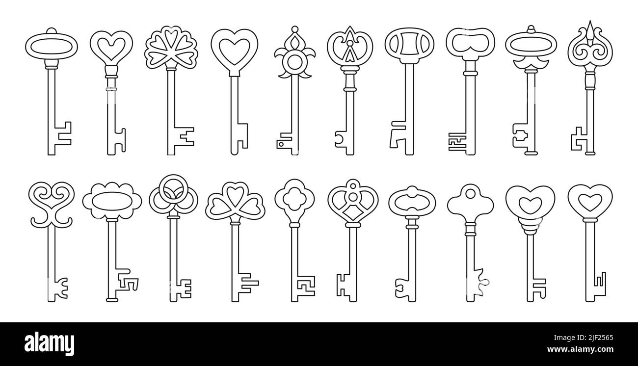 Key line icon set. Old contour keys for safety, security protection ...
