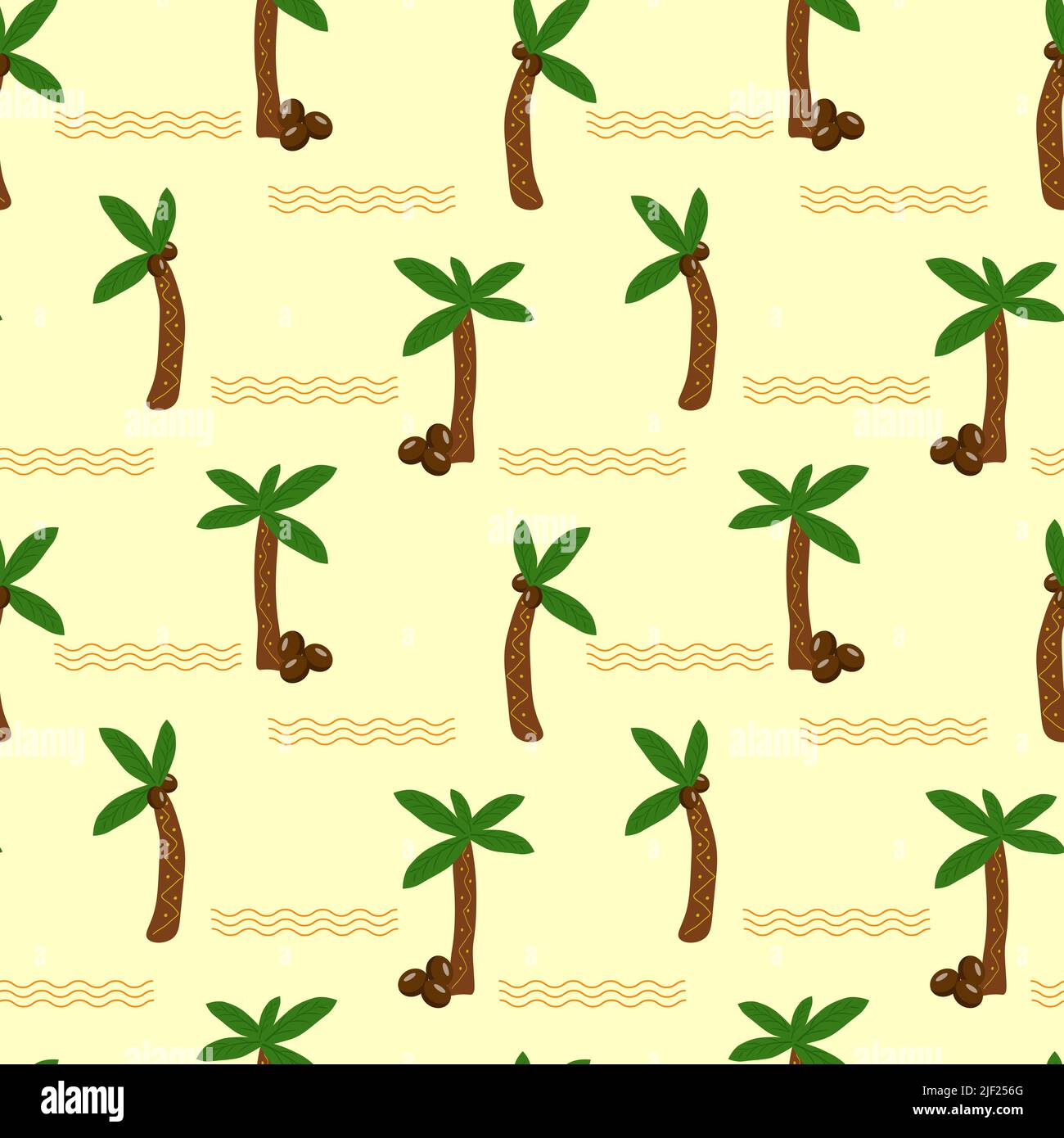 Pattern with palm trees and coconuts. Vector on a beige background.  Stock Vector