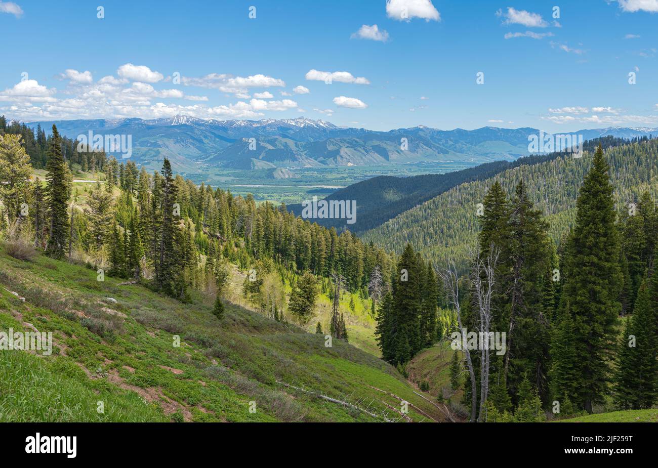Jackson hole viewpoint looking down to the valley with the Tetons mountains Wyoming state. Stock Photo