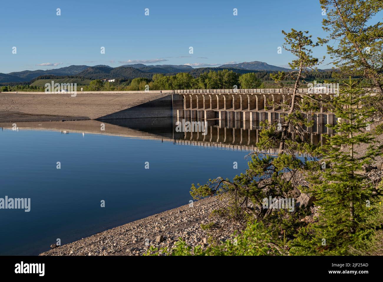 Jenny lake dam reservoir low level water Wyoming state. Stock Photo
