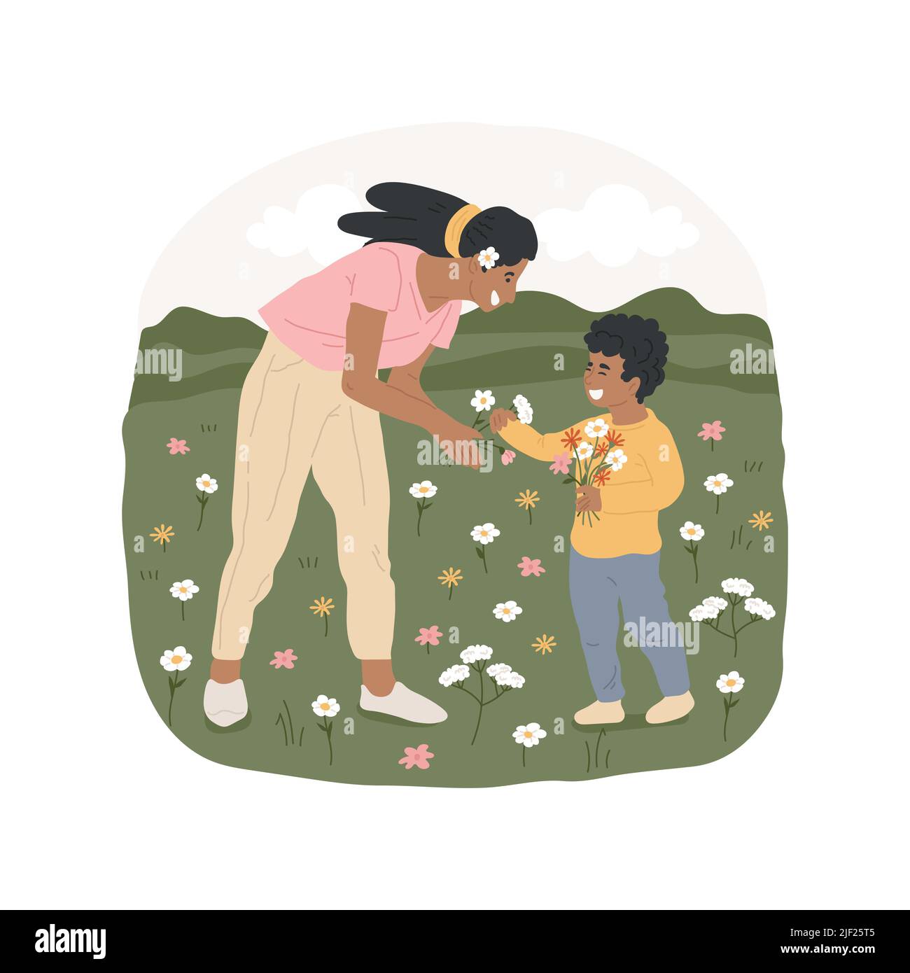 Gather wildflowers isolated cartoon vector illustration. Walking in the fields, mom and kid gathering flowers, children making bouquet, family travel, leisure time in the nature vector cartoon. Stock Vector