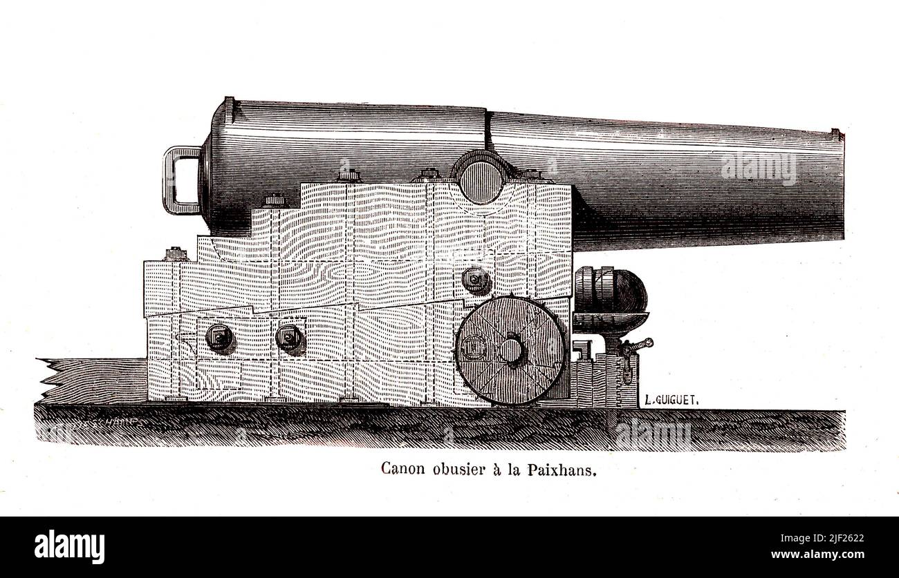 19th century illustration of a Paixhans naval gun, invented by French