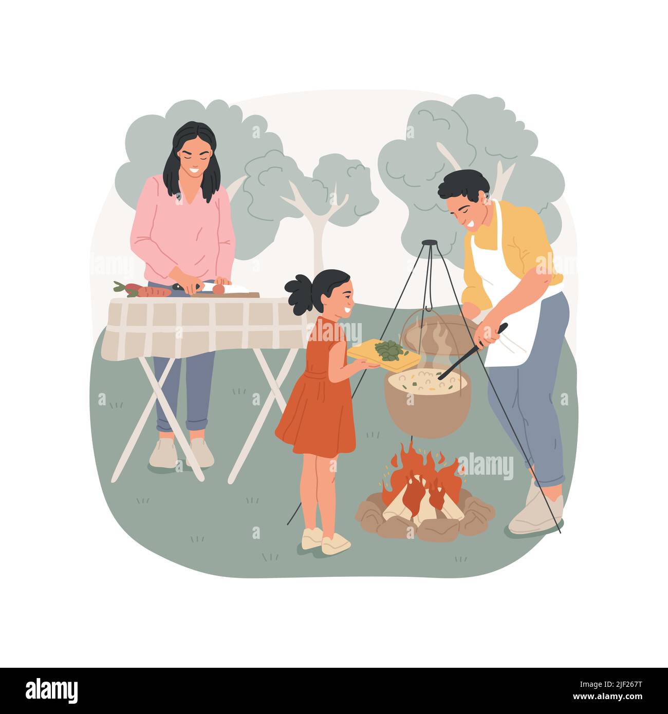 Camp-style cooking isolated cartoon vector illustration. Cooking healthy food on campfire, family camp kitchen, pot boiling on open fire, slicing vegetables, mixing in boiler vector cartoon. Stock Vector