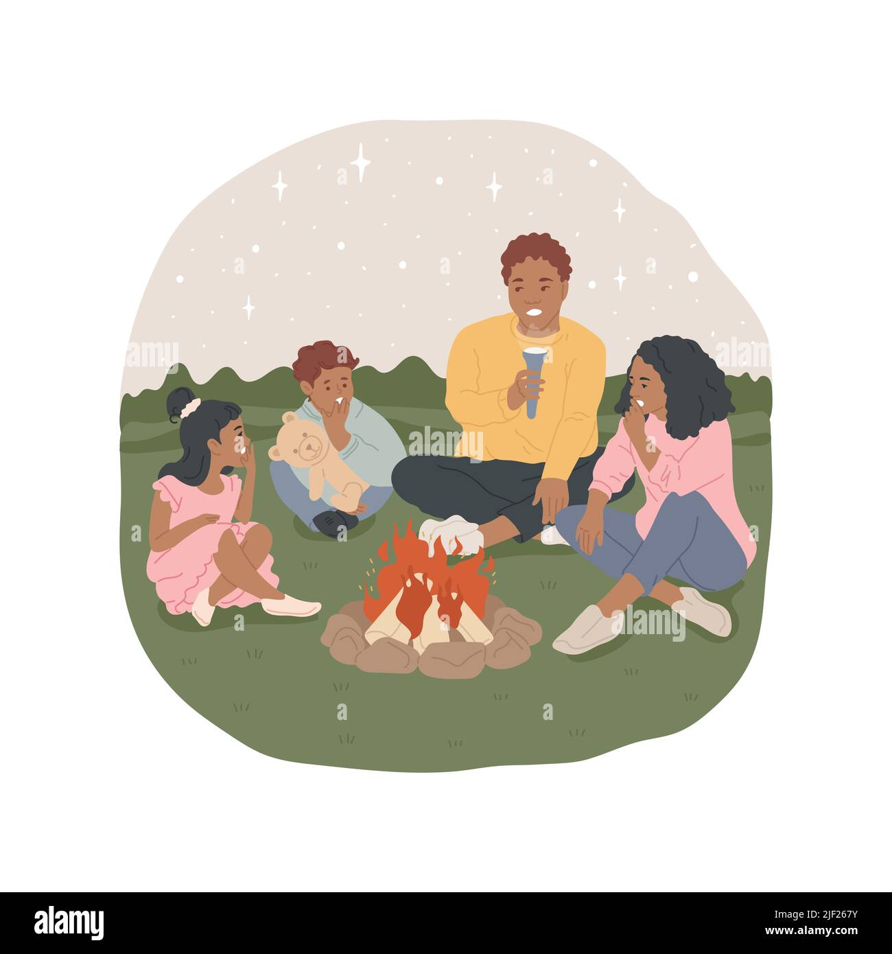 Scary campfire stories isolated cartoon vector illustration. Camping in the nature, campfire fun, father telling scary story to children, family spending night near bonfire vector cartoon. Stock Vector