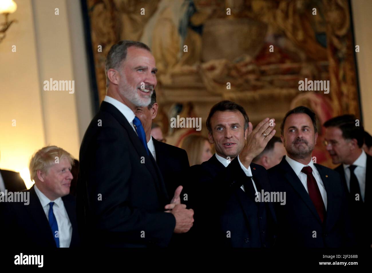 Madrid, Spain; 28.06.2022.- Kings of Spain Felipe VI and Letizia share a photo and table with Joe Bilden, Pedro Sanchez, Emmanuel Macron, Boris Jhonson, and the other leaders of the West, they meet at the royal palace of Spain for dinner before the NATO Summit in Madrid Photo: Juan Carlos Rojas Stock Photo