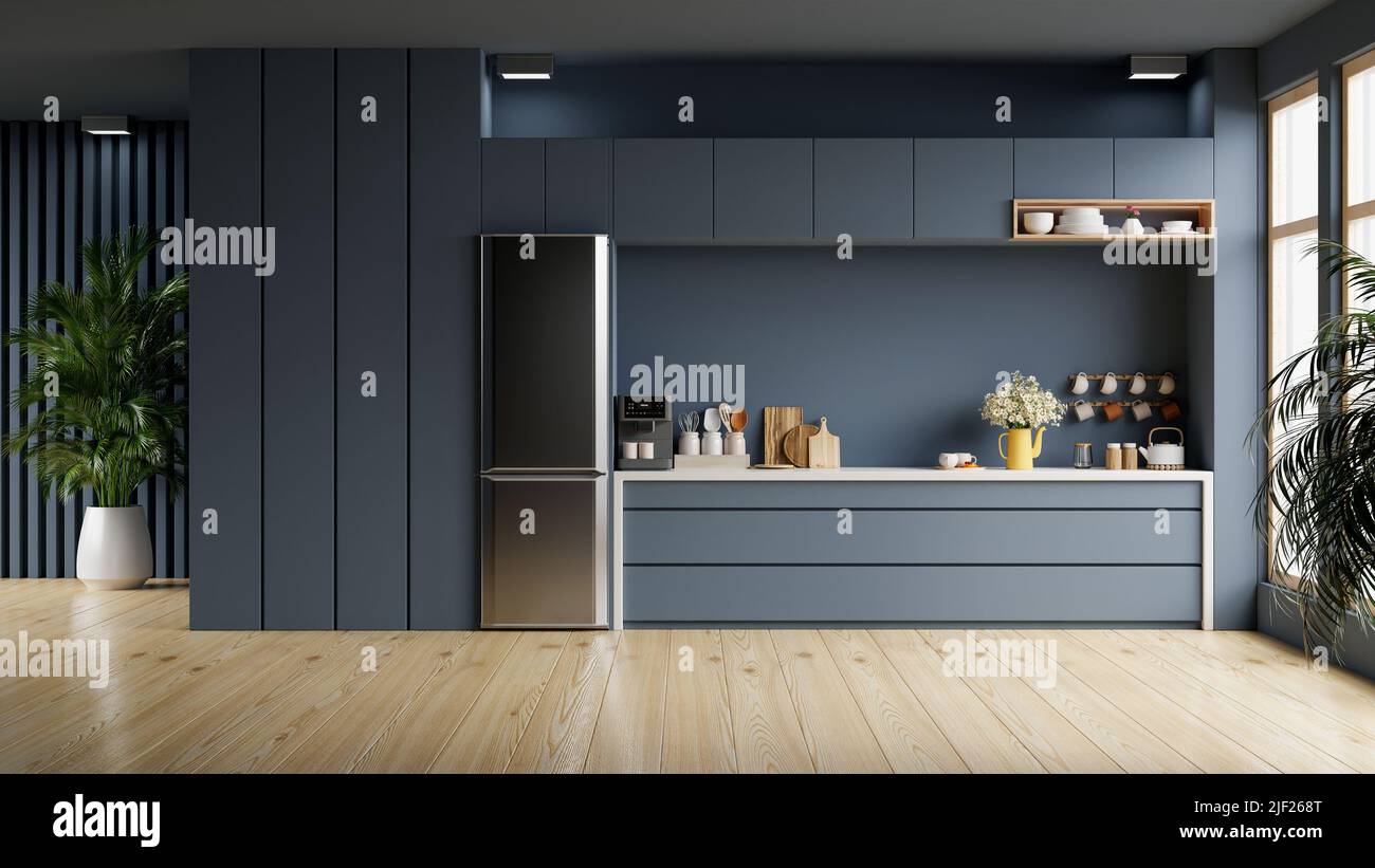 Modern style kitchen interior design with dark blue wall.3d rendering Stock Photo