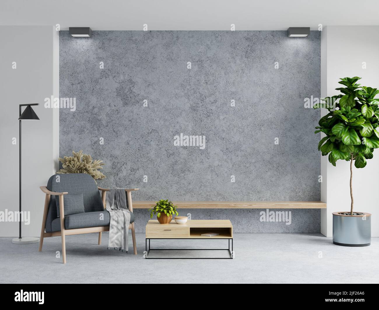 Living room interior in loft style house on concrete wall background.3d rendering Stock Photo