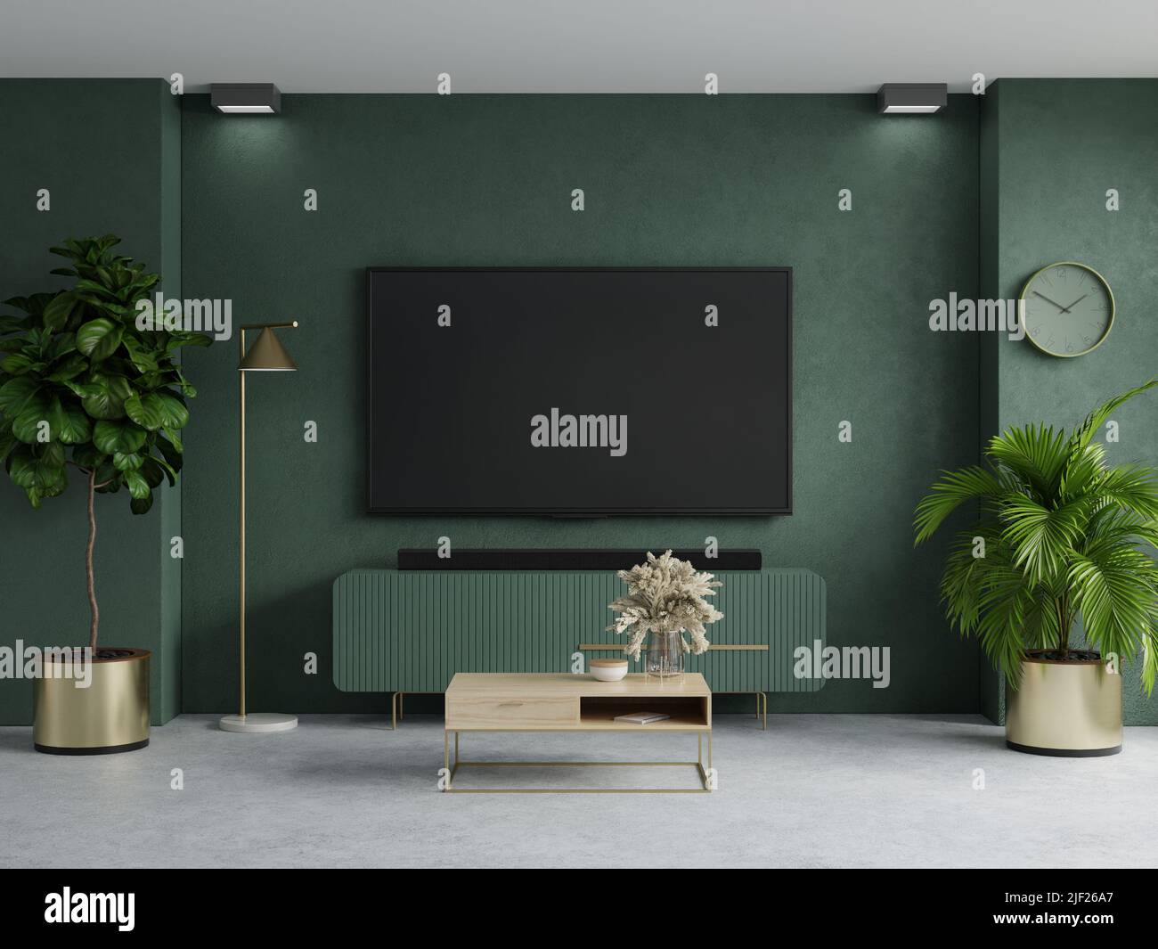 TV room in green color wall background,Modern living room decor with a tv   rendering Stock Photo - Alamy