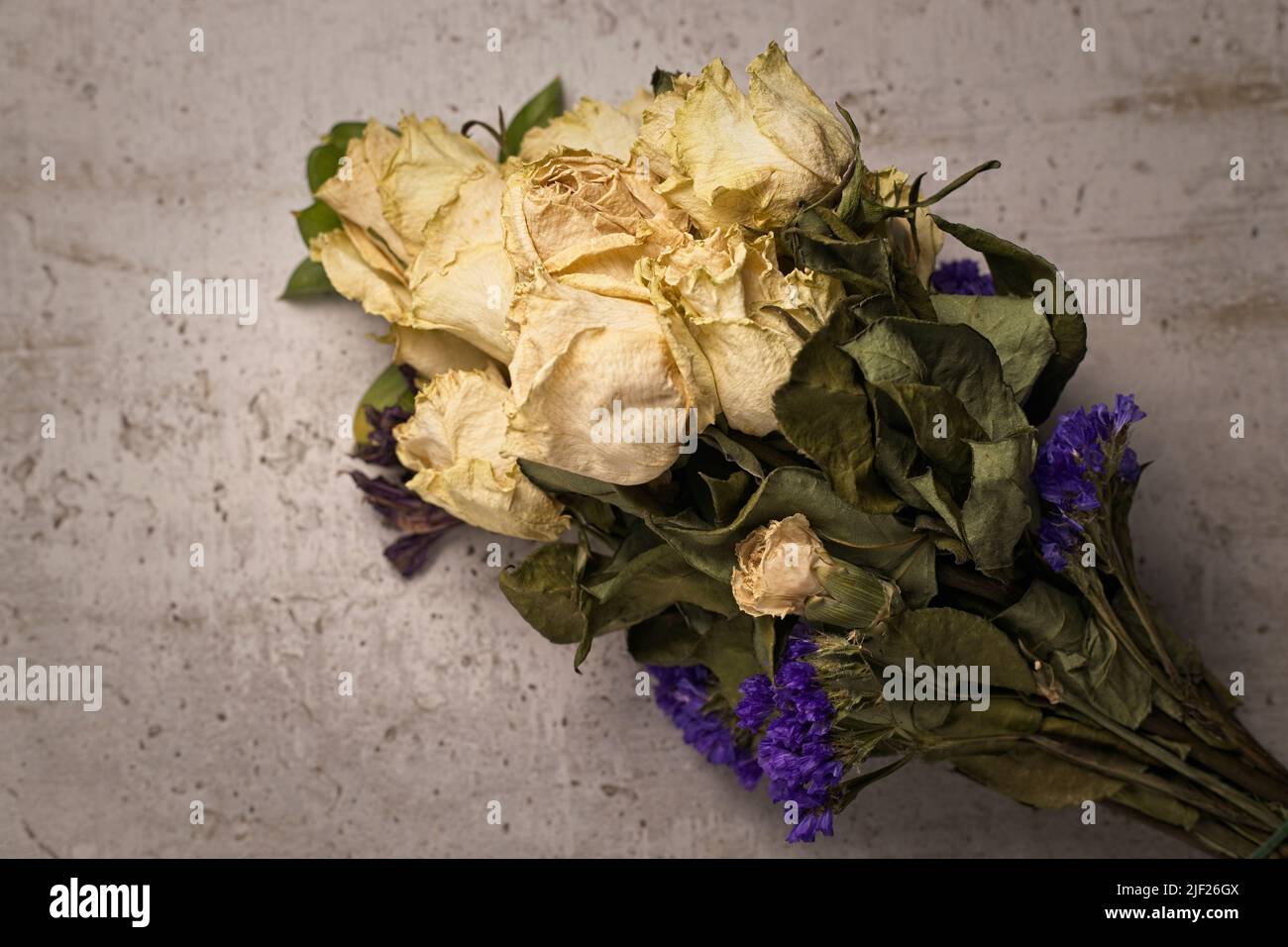 A studio photo of a bouquet of dried yellow roses on a table. Stock Photo