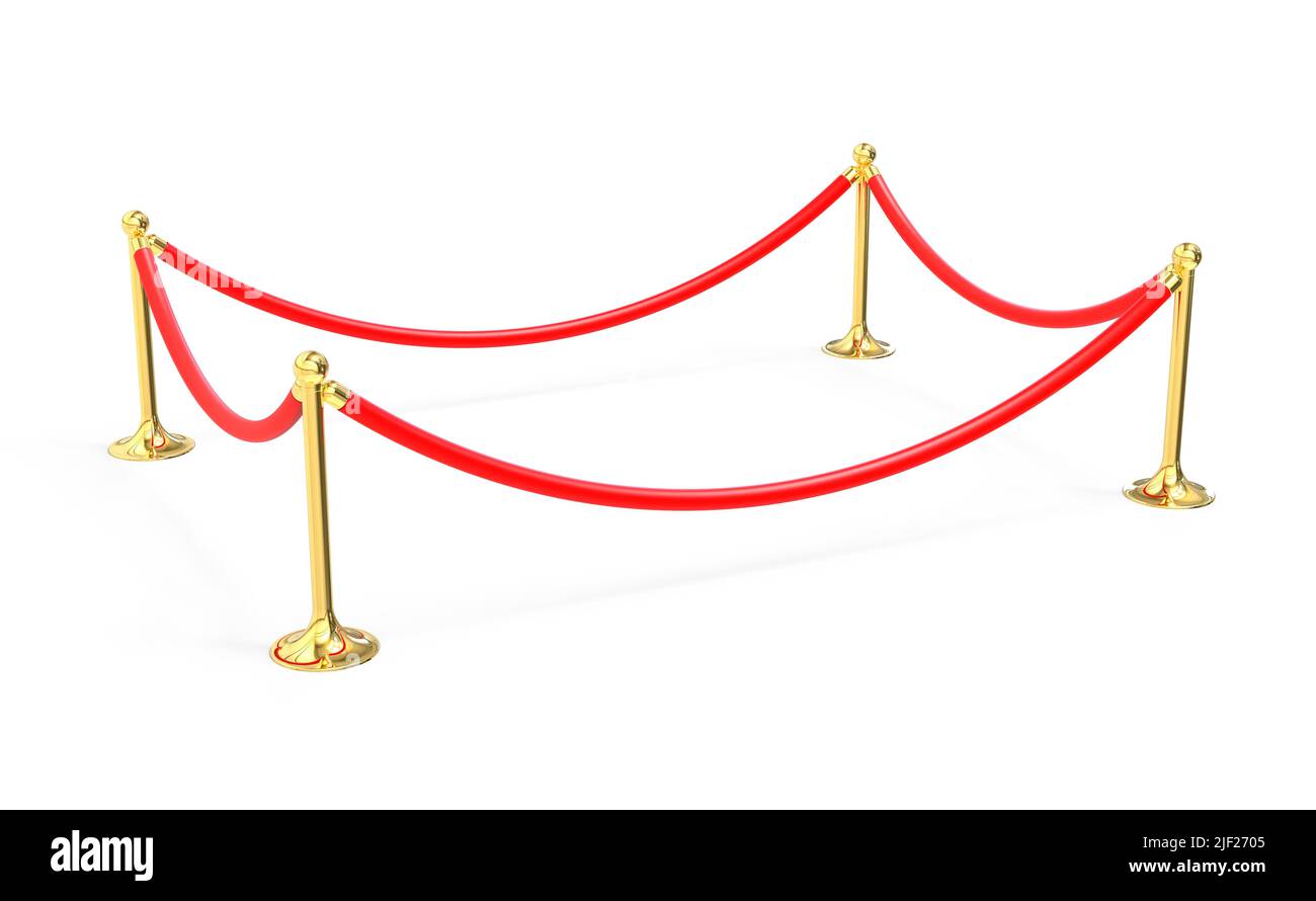 Red velvet rope barrier with gold stands. Red velvet rope. Golden rope
