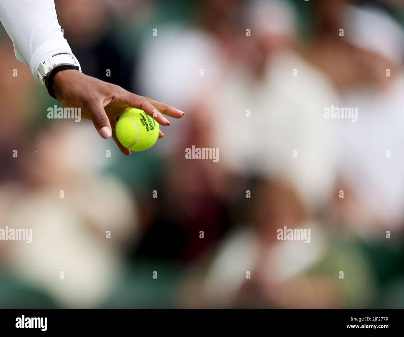 London, Britain. 28th June, 2022. Serena Williams prepares for serving during the women's singles first round match between Serena Williams of the United States and Harmony Tan of France at Wimbledon Tennis Championship in London, Britain, on June 28, 2022. Credit: Li Ying/Xinhua/Alamy Live News Stock Photo