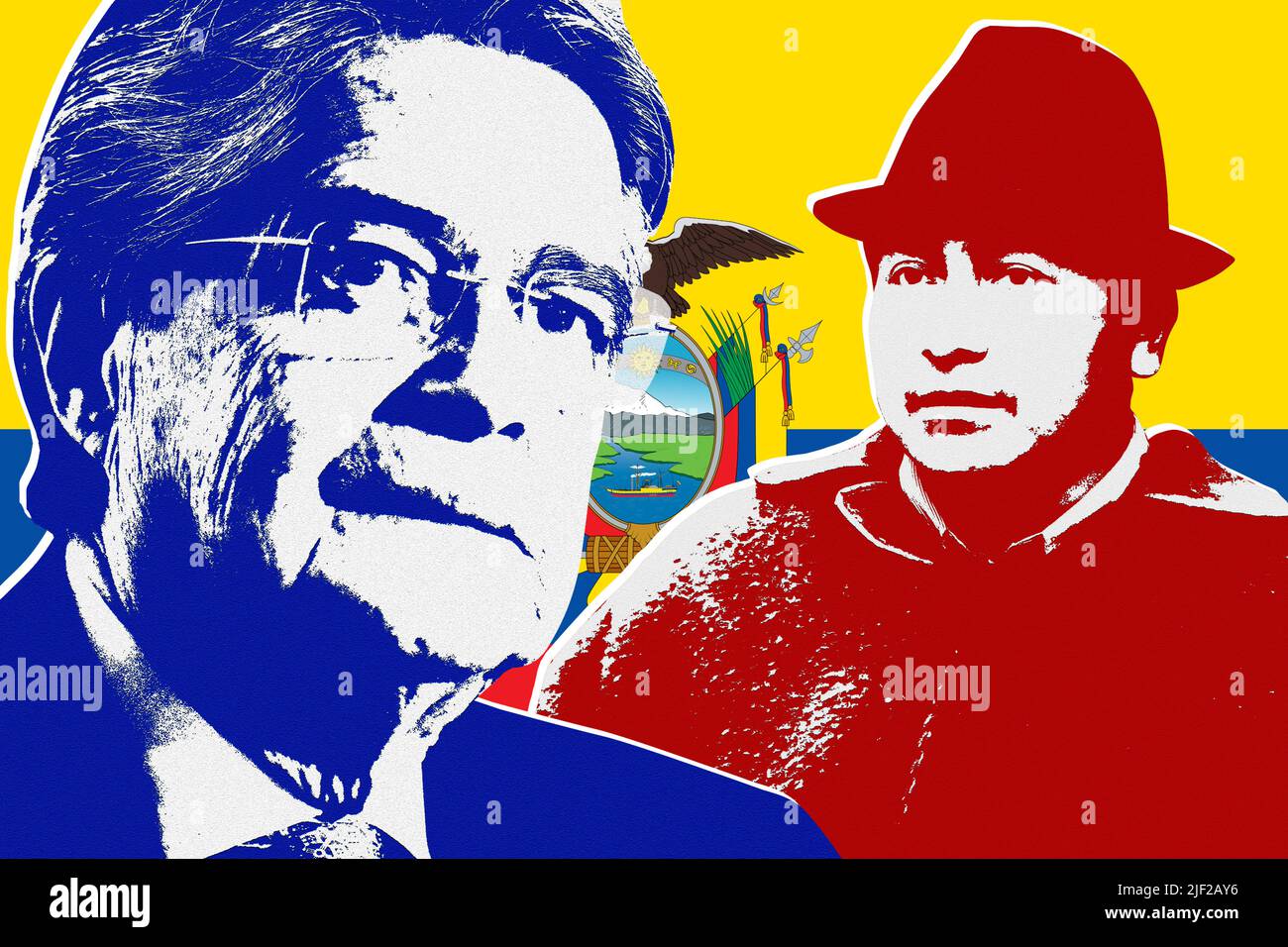 Guillermo Lasso, Leonidas Iza and Ecuadorian flag Stock Photo