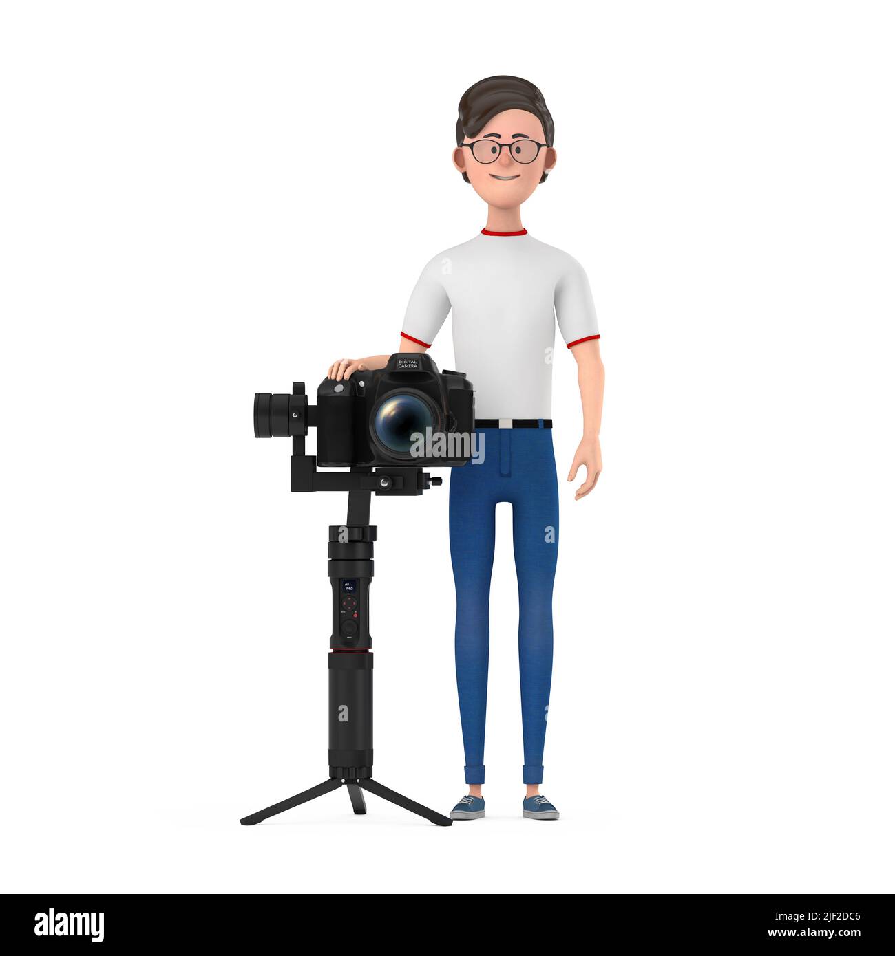 Cartoon Character Person Man with DSLR or Video Camera Gimbal Stabilization Tripod System on a white background. 3d Rendering Stock Photo