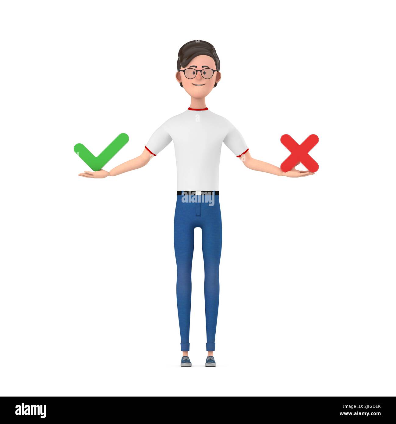 Cartoon Character Person Man with Red Cross and Green Check Mark, Confirm or Deny, Yes or No Icon Sign on a white background. 3d Rendering Stock Photo