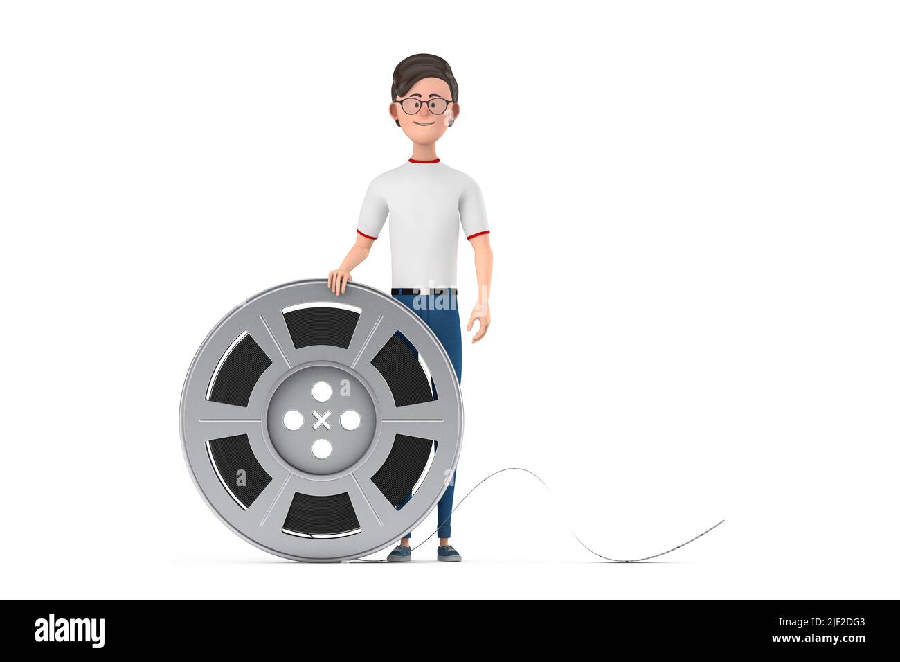 Cartoon Character Person Man with Film Reel Cinema Tape on a white background. 3d Rendering Stock Photo