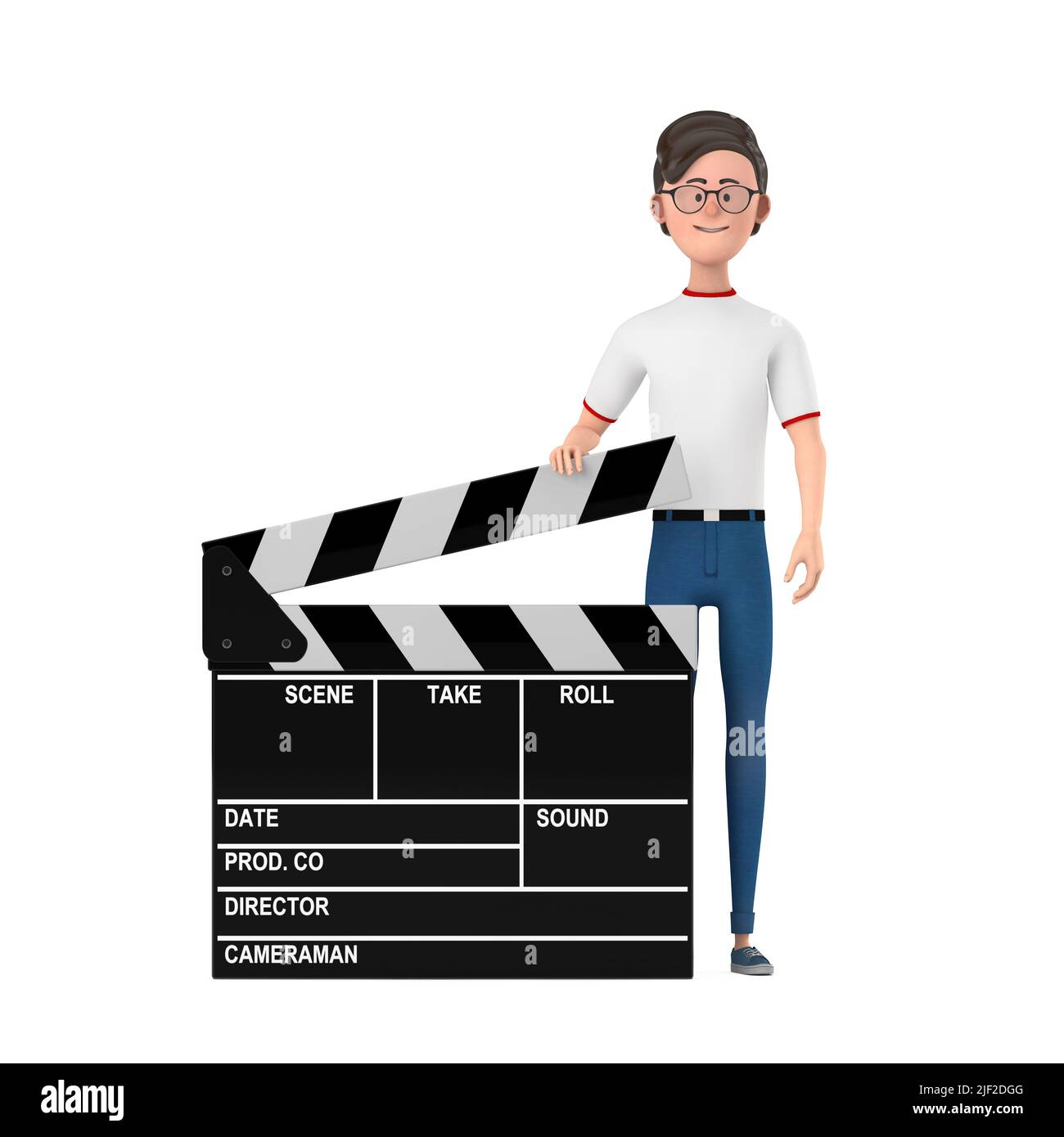 Cartoon Character Person Man with Movie Clapper Board on a white background. 3d Rendering Stock Photo