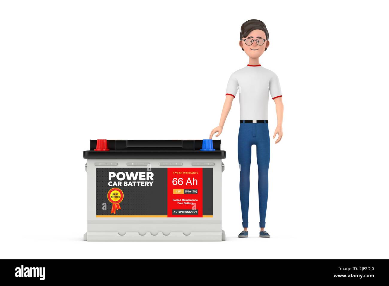Cartoon Character Person Man and Rechargeable Car Battery 12V Accumulator  with Abstract Label on a white background. 3d Rendering Stock Photo - Alamy