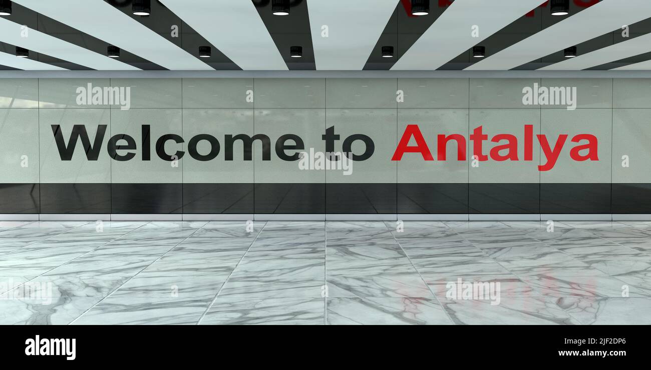 International Arrival Zone of Airport, Bus or Train Station Interior with Welcome To Antalya Sign extreme closeup. 3d Rendering Stock Photo