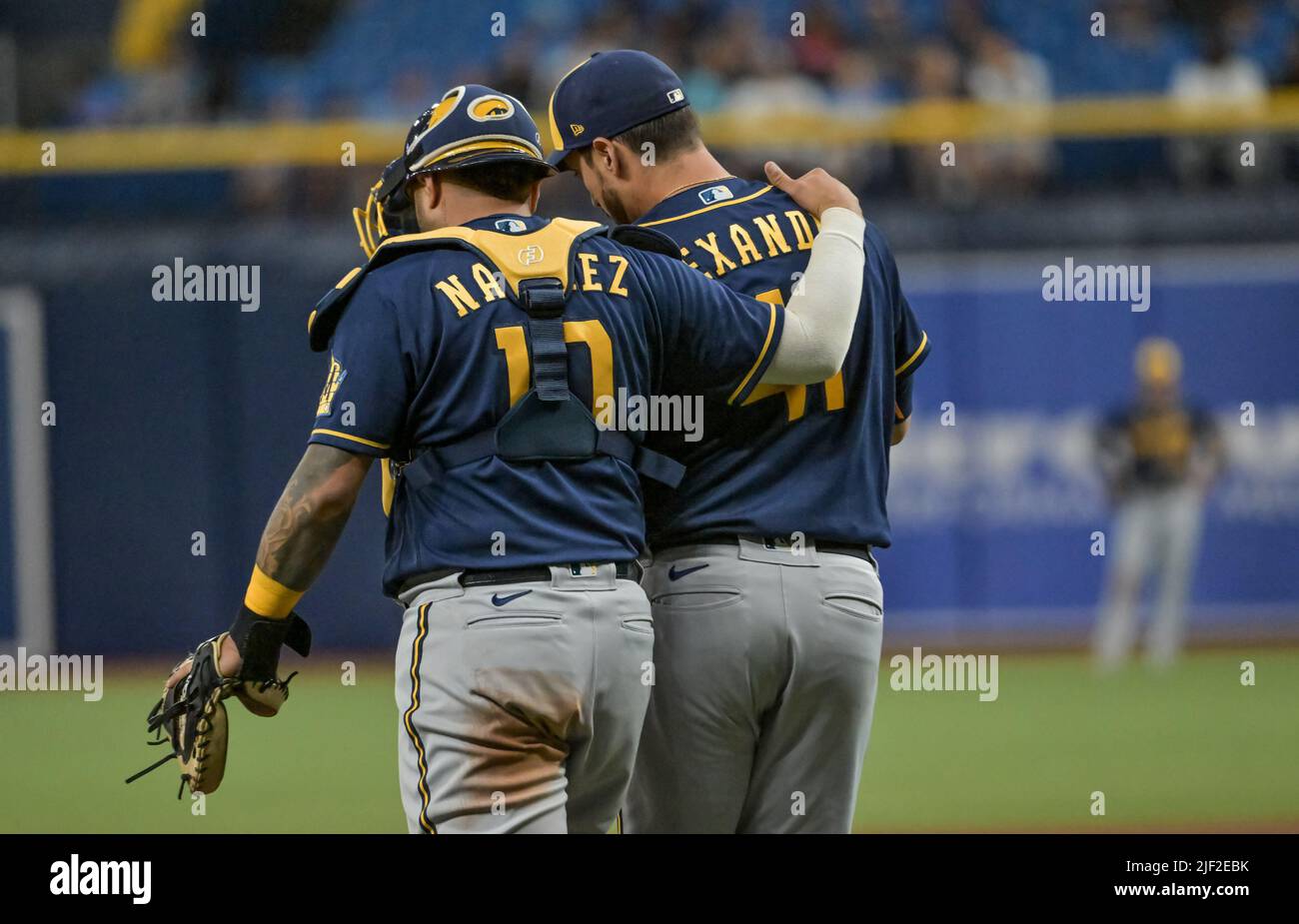 Milwaukee Brewers catcher Omar Navarez (L) talks with reliever Jason Alexander Tampa Bay Rays during the eighth inning at Tropicana Field in St. Petersburg, Florida on Tuesday, June 28, 2022. Photo by Steve Nesius/UPI Stock Photo