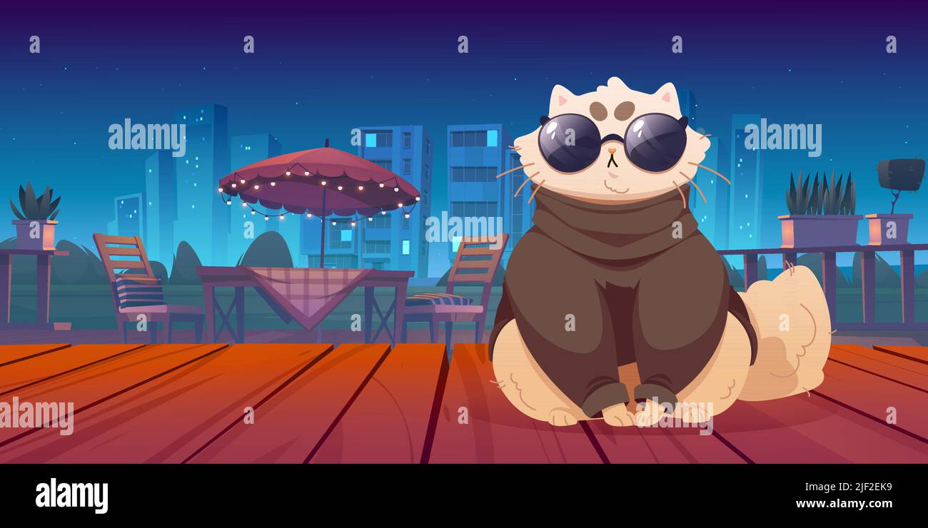 Cute cat sitting on wooden terrace with night view. Funny pet wear trendy clothes and glasses on patio area with table and chairs under umbrella on cityscape background, Cartoon vector illustration Stock Vector