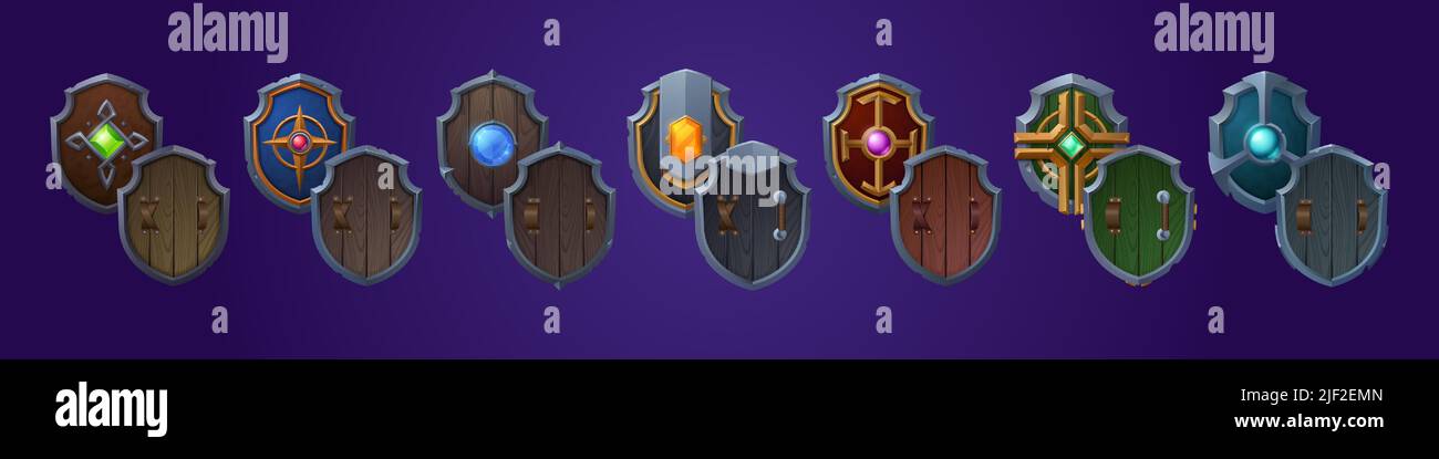 Set of game shields, cartoon fantasy medieval armor of metal and wood ...