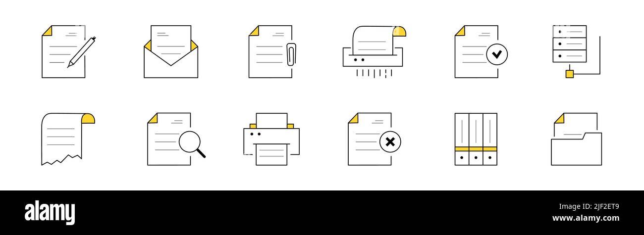 Set of doodle icons work with documents, archive storage. Isolated vector linear signs upload to the cloud, shredding and printing paper, file with pen and folders, envelope, correct and wrong symbol Stock Vector