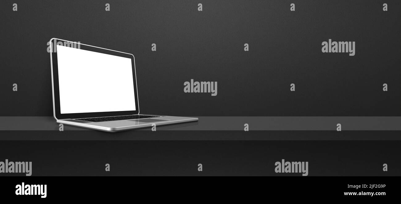 Laptop computer on black shelf background banner. 3D Illustration Stock Photo