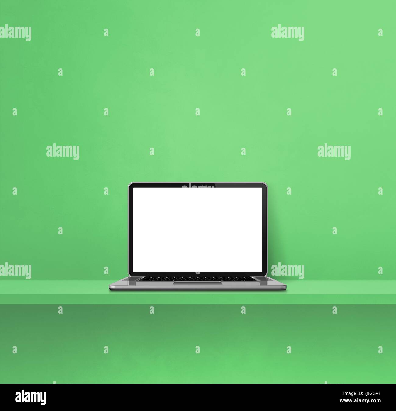Laptop computer on green shelf. Square background. 3D Illustration Stock Photo