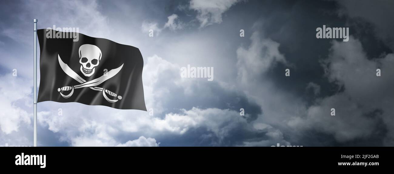Pirate flag, Jolly Roger on a cloudy sky, three dimensional render Stock Photo