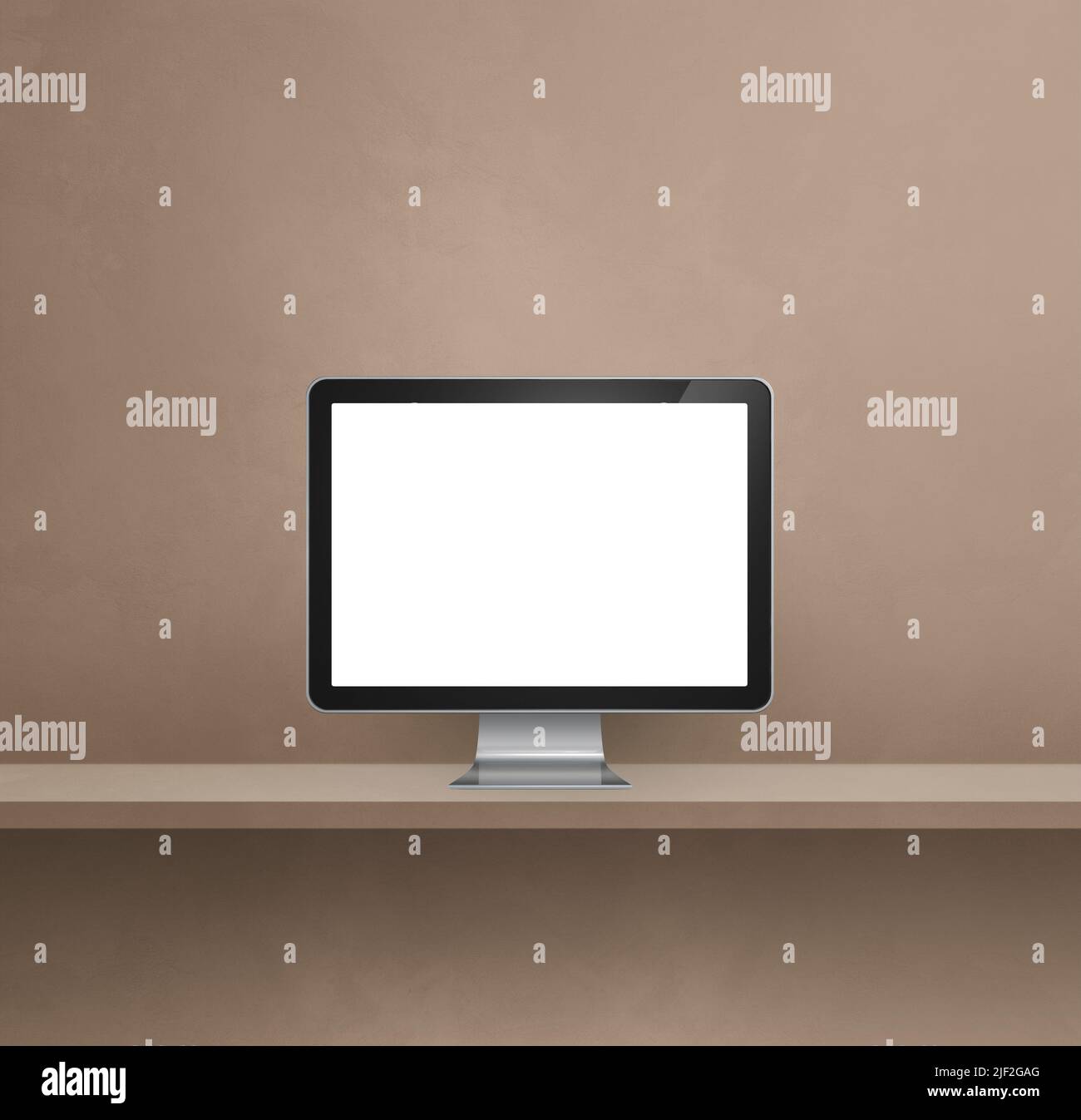 Computer pc - brown wall shelf background. 3D Illustration Stock Photo