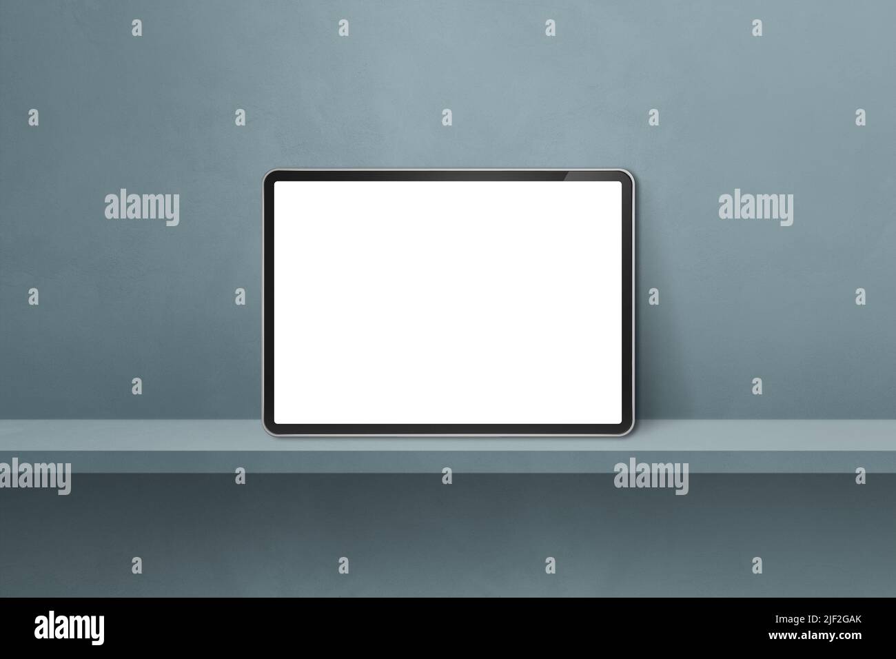 Digital tablet pc on grey wall shelf. Horizontal background banner. 3D Illustration Stock Photo