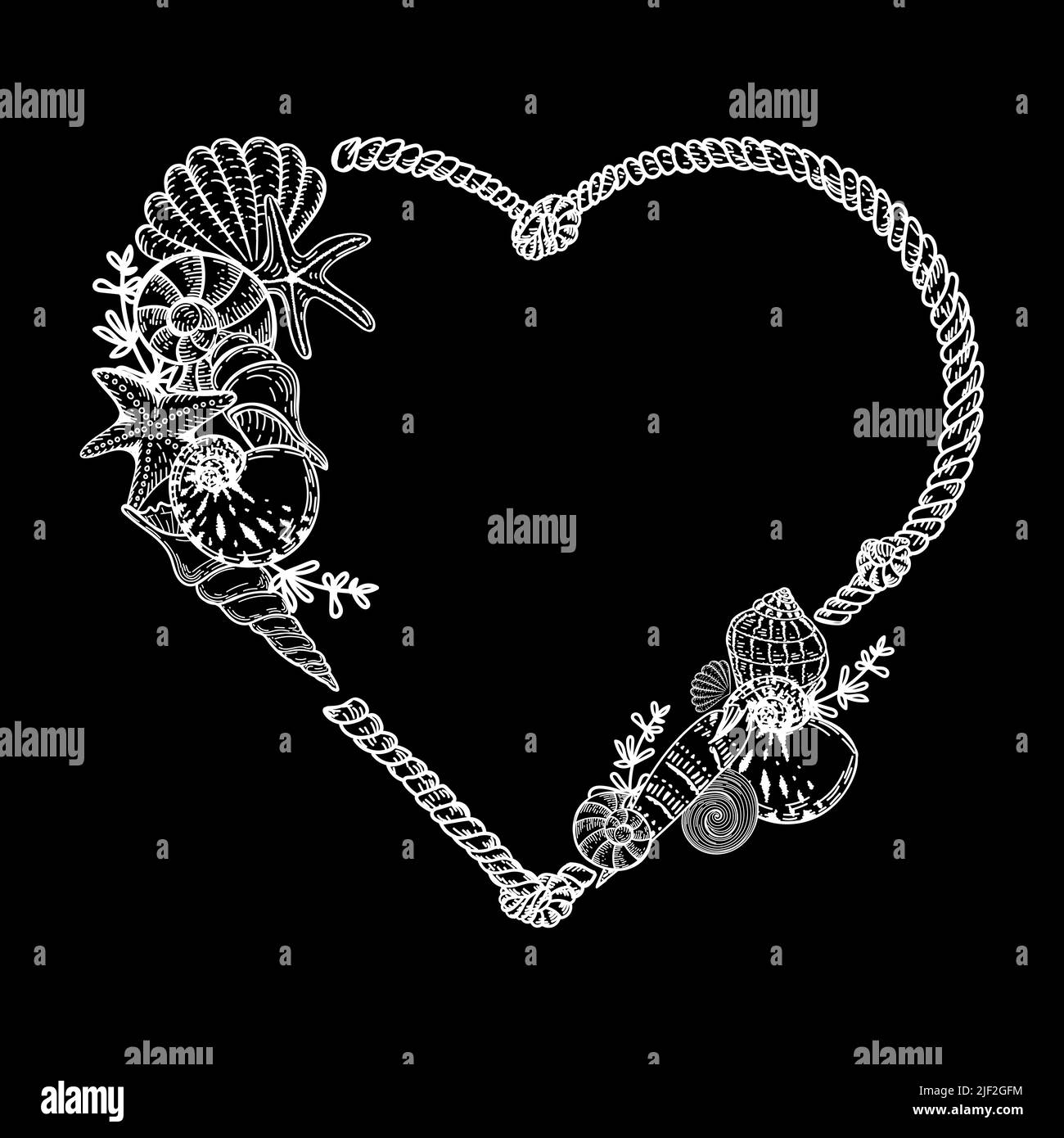 Heart-shaped frame in a nautical style, hand-drawn elements in sketch style. Sea creatures and seaweed. Rope with knots. Sea, ocean. Template on black Stock Vector