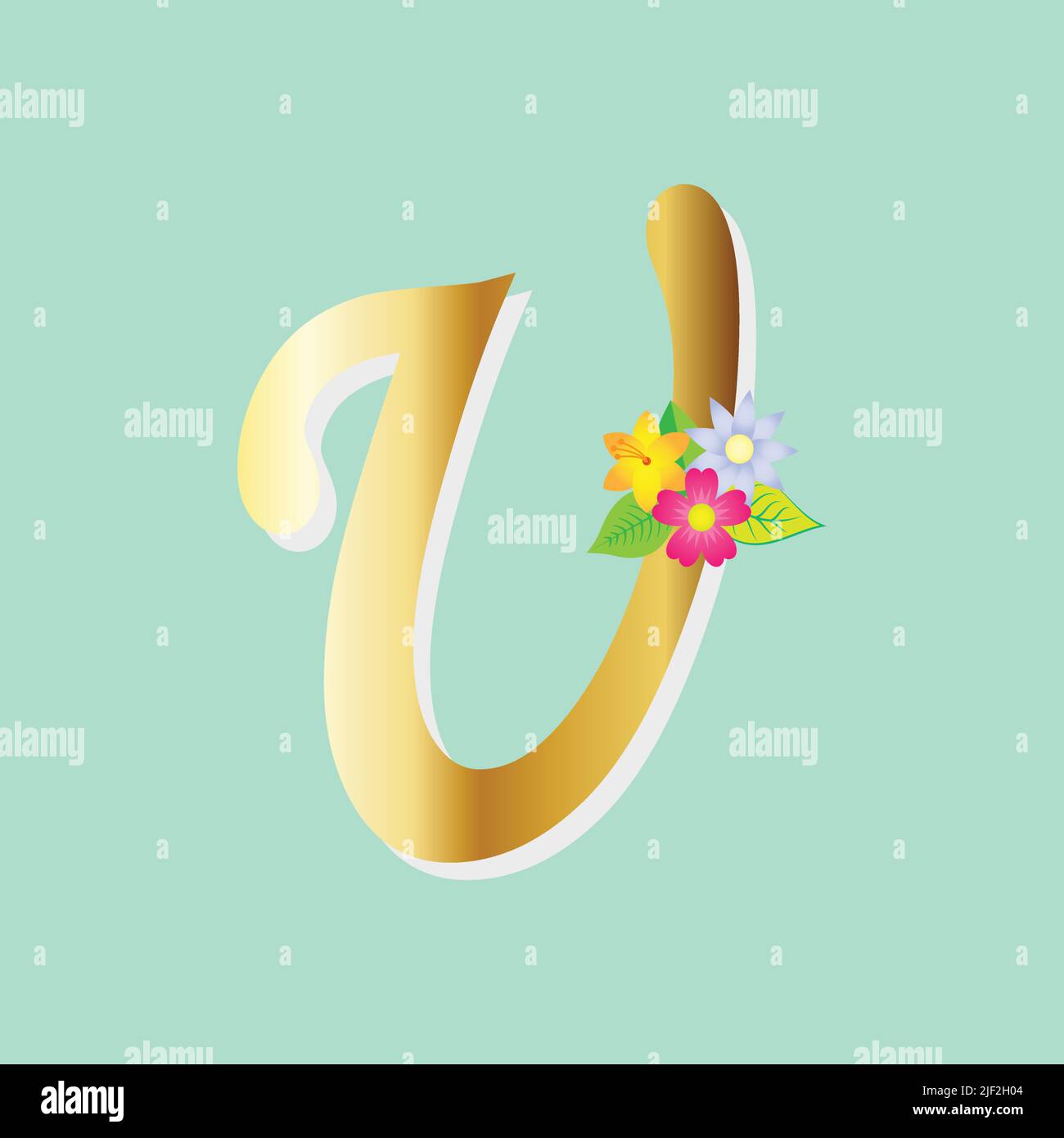 Floral alphabet with flowers and gold glitter composition. botanic ...