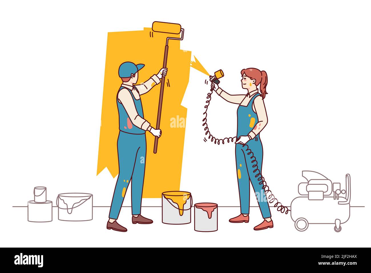 Couple designers paint wall involved in housing renovation. People renovate redecorate apartment. Interior design and decoration. Flat vector illustration. Stock Vector