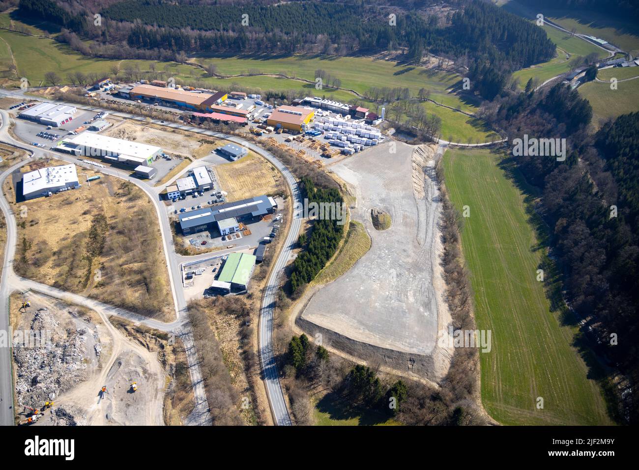 Aerial view, Bad Fredeburg, construction sites in the Hochsauerland industrial estate on the B511 trunk road in the Wormbach district, Schmallenberg, Stock Photo