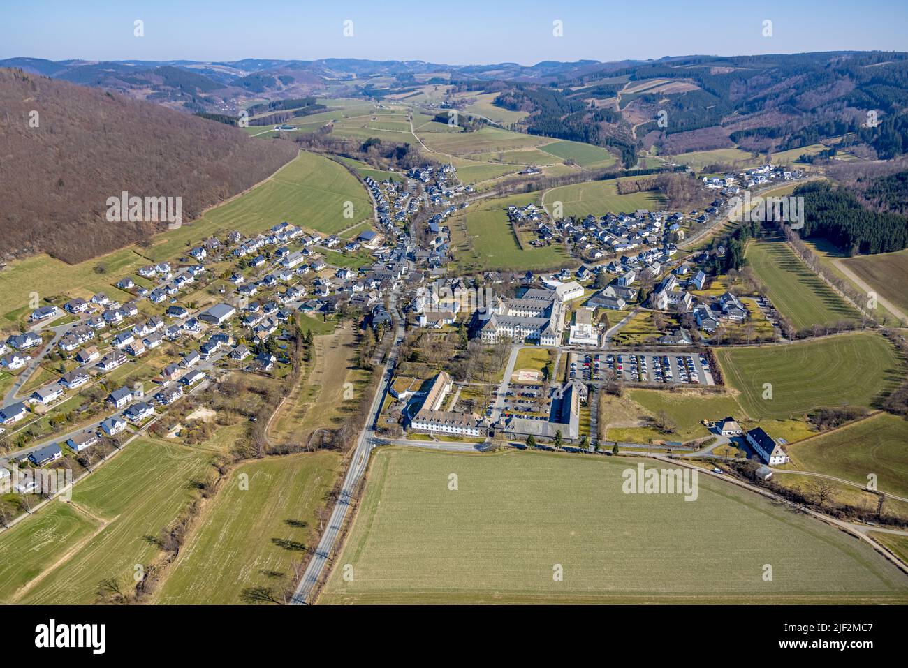 Aerial view, Specialist Hospital Cloister Grafschaft, in the background the Alpin Hotel An der Almert, Grafschaft, Schmallenberg, Sauerland, North Rhi Stock Photo