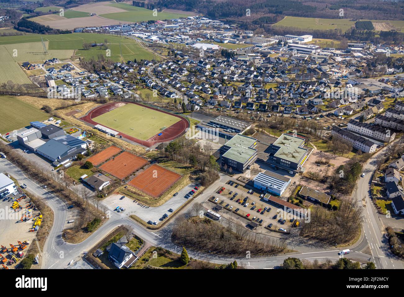 Aerial view, municipal high school and sports facility, Wormbach, Schmallenberg, Sauerland, North Rhine-Westphalia, Germany, education, educational in Stock Photo